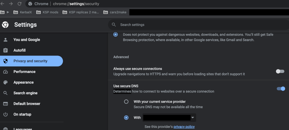 Google Chrome's security settings page.