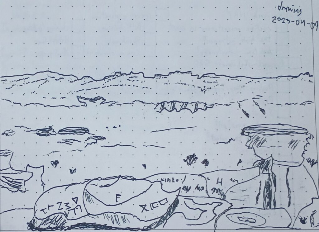 Quick sketch representing the view from Salt Wash View Area.